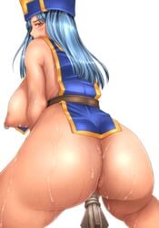 animated anus areola areolae ass ass_shake blue_hair blush breasts clothing cum cum_on_ass cum_on_body cum_on_breasts cum_on_lower_body cum_on_upper_body dat_ass dragon_quest dragon_quest_iii grinding hat large_breasts looking_back nipple_piercing nipple_rings nipples priest_(dq3) red_eyes sakuradou sweat thighs uncensored weapon