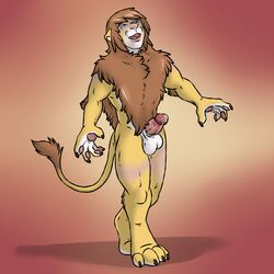 1boy aggrobadger anthro anthro_only balls barbs erection feline human lion male male_only nude penis precum solo transformation