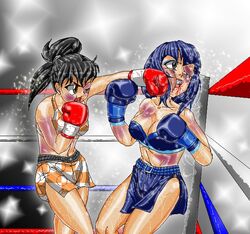 2girls arena artist_request black_hair blood blue_boxing_gloves blue_gloves blue_hair boxer boxing boxing_gloves boxing_ring boxing_skirt bruised_eye bruises catfight cheek_punch clothing contemporary eyeshadow female female_only fight fighting_ring gloves grey_eyes hairband human mouthguard multiple_girls one_eye_closed patriot1776 pugilismx punch red_boxing_gloves red_gloves shiny_skin short_hair sports_bra thick thick_thighs thighs tied_hair violence wide_hips