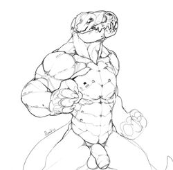 1boy 2015 abs amit anthro balls barcode biceps big_hands claws cyborg fist flaccid humanoid_penis lizard machine male male_only mechanical metal monochrome muscles nude pecs penis plain_background prosthetic reptile scalie sharp_teeth simple_background sketch solo standing teeth uncut