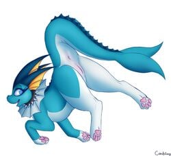 2015 anus ass blue_eyes blue_skin candyfoxy collar female fin genital_slit looking_back nintendo open_mouth plain_background pokémon_(species) pokemon pussy raised_tail slit smile solo spiked_collar tongue vaporeon video_games white_background white_skin