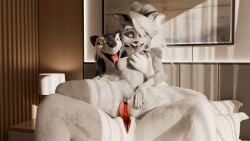 2girls absurd_res anthro breast_grab breasts canid canid_demon canine clitoral_hood demon duo female female/female female_penetrated fur furry genitals hair hand_on_breast hellaverse hellhound helluva_boss hi_res looking_at_viewer loona_(helluva_boss) mammal mythological_canine mythological_creature mythology naked naked_female nipples nude nude_female penetration prehensile_clitoral_hood rain_silves red_sclera sergal thiccsmough tongue vaginal_penetration wolf wolf_girl