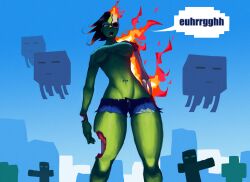 black_hair breasts burning female ghast_(minecraft) green_skin jeans_shorts shorts talking thick_thighs underboob white_eyes zombie zombie_(minecraft) zombie_girl