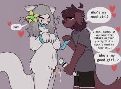 >w< accessory anthro ashblondekittyy balls birthmark black_clothing black_underwear blush bodily_fluids bound brown_body brown_fur brown_hair canid canine canis closed_eyes clothing collar constructed_language dialogue domestic_cat domestic_dog dominant dominant_male duo ear_piercing english_text esperanto_text felid feline felis floppy_ears flower flower_in_hair fur genital_fluids genitals good_girl grey_clothing grey_hair grey_shirt grey_topwear gynomorph gynomorph/male hair hair_accessory hands_tied heart_symbol hitachi_magic_wand holding_leash holding_object intersex intersex/male leash male mammal markings paws penis piercing plant praise_kink precum raised_paw rex_(ashblondekittyy) romantic romantic_couple sex_toy shirt smile standing submissive submissive_gynomorph submissive_intersex tail teasing text topwear trans_(lore) trans_man_(lore) trans_woman_(lore) underwear vibrator wand_vibrator whiskers white_body white_fur yuna_(ashblondekitty)