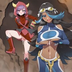 2girls after_paizuri after_sex ai_generated black_hair blue_eyes blue_eyeshadow blue_hair bottomless courtney_(pokemon) creampie cum cum_drip cum_in_pussy cum_inside cum_on_breasts dark-skinned_female dark_skin darklust eyeshadow grabbing_own_breast holding_breast holding_own_breast light-skinned_female light_skin no_panties pokemon pokemon_oras purple_eyes purple_hair pussy shelly_(pokemon) team_aqua team_magma two_tone_hair