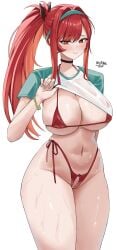 absurdres aqua_hairband big_ddos bikini black_choker blush bracelet breasts choker cleavage closed_mouth clothes_lift commentary cowboy_shot crotchless crotchless_bikini curvy english_commentary female goddess_of_victory:_nikke hair_intakes hairband high_ponytail highleg highleg_bikini highres jewelry large_breasts lifting_own_clothes looking_at_viewer micro_bikini navel official_alternate_costume ponytail pussy rapi_(nikke) rapi_(red_hood)_(nikke) rapi_(red_hood)_(red_flavor)_(nikke) red_bikini red_eyes red_hair shirt shirt_lift simple_background skindentation smile solo stomach swimsuit thighs uncensored wet wet_clothes wet_shirt white_background