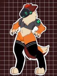 a3by anthro clothing deputy_godzilla fur genitals hi_res knot legwear machine male orange_body orange_fur paws penis protogen solo tail thigh_highs