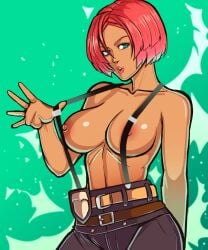 1girls arc_system_works badge bare_arms bare_shoulders belt blue_eyes bob_cut boobs boobs_out brazilian brazilian_female breasts dark-skinned_female dark_skin erodrunky exposed_breasts exposed_nipples female flashing flashing_breasts giovanna_(guilty_gear) guilty_gear guilty_gear_strive lesseinsanimer light_blue_eyes lipstick looking_at_viewer nipples pants red_hair red_lips red_lipstick shiny_skin short_hair simple_background suspenders tagme tan tan_body tan_skin tits tits_out topless topless_female