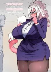1boy 1girls android_21 android_21_(good) big_breasts blue_eyes blush dialogue dragon_ball dragon_ball_super dragon_ball_z embo english_text glasses huge_breasts long_hair love_letter majin_android_21 pantyhose pink_body pink_skin suit tail teacher teacher_outfit text thick_thighs tied_hair very_high_resolution white_hair