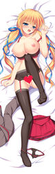 bed_sheet black_legwear black_panties blonde_hair blue_eyes blush bra bra_pull breasts censored dakimakura female garter_belt hair_ribbon heart heart_censor highres kazamatsuri_mana lace lace-trimmed_thighhighs manatsu_no_yoru_no_yuki_monogatari mikeou nipples novelty_censor open_mouth panties panties_around_leg pussy_juice ribbon sheet_grab thighhighs tied_hair twintails underwear undressing