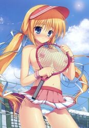 blonde_hair blue_eyes breasts cameltoe chain-link_fence cloud female high_resolution kazamatsuri_mana large_breasts manatsu_no_yoru_no_yuki_monogatari mikeou net nipples panties racket skirt sky solo sportswear tennis tennis_racket tennis_uniform topless underwear visor