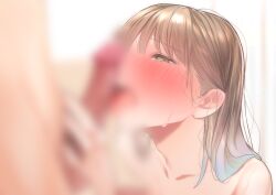 1boy absurdres blur_censor blurry blurry_background blush brown_eyes brown_hair censored collarbone commentary_request cum cum_on_body facial fellatio female handjob highres licking licking_penis long_hair nude oral original paid_reward_available penis rinku_(rin9) tongue