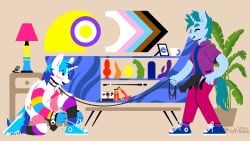 16:9 4k absurd_res animal_genitalia animal_penis anthro bisexual_pride_colors blush chastity_cage chastity_device clothing collar converse_shoes cyreni duo equid equine equine_genitalia equine_penis flat_colors genderfluid_pride_colors genitals hi_res horn inside jacket leash lgbt_pride lgbt_pride_month male male/male mammal memphis_design miramore mythological_creature mythological_equine mythology pansexual_pride_colors penis plant polaroid pride_colors progress_pride_colors rainbow_colors riding_crop supersaw_(dee-dee-tee) topwear unicorn whip widescreen