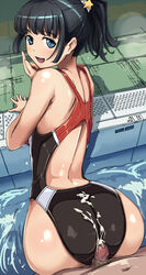 :d ass back bent_over black_hair blue_eyes blush buttjob censored clothed_sex competition_swimsuit cum cum_on_ass cum_on_clothes cum_on_lower_body female huge_ass looking_at_viewer looking_back one-piece_swimsuit open_mouth original penis ponytail pool raikoh rubbing shimazu_tekkou short_hair small_penis smile solo_focus star swimsuit tied_hair water