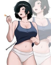 belly big_breasts big_thighs black_hair breasts chainsaw_man cigarette cigarette_in_hand cleavage cleavage_overflow curves curvy curvy_female cute cute_face eyepatch female female_focus female_only green_eyes himeno_(chainsaw_man) midriff mothdropcrowla pale-skinned_female panties sexy sexy_body shirt_and_panties shirt_lift shirt_lifted_by_self short_hair smoking solo solo_female solo_focus thick_thighs tummy underwear wide_hips wide_thighs