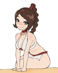 1girls :3 arm_support avatar_the_last_airbender big_breasts big_eyes bikini braided_ponytail breasts brown_hair cleavage cute female grey_eyes gurumo leaning_forward long_hair looking_at_viewer nude nude_female pinup ponytail posing posing_for_the_viewer shortstack smile smiling_at_viewer solo solo_female tagme teenager thick_thighs ty_lee white_bikini
