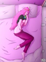 1girls adventure_time artist_name barefoot bed bedroom blush closed_eyes crown female female_masturbation female_only fingering fingering_self from_above hand_in_pants indoors lifted_by_self lying_on_bed lying_on_side masturbation medium_breasts no_bra no_nose on_bed on_side pajama_pants pajamas pajamas_pull pants_pull partially_dressed pillow pink_hair pink_skin princess_bubblegum reit shirt_lift sideboob sniffing_clothes solo t-shirt t-shirt_lift