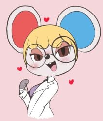 1female 1girl 1girls 2021 2021s absurd_res absurdres animal_crossing anthro anthro_female anthrofied black_nose blonde_female blonde_hair blonde_hair_female blue_inner_ear blush brown_eyes buck_teeth buckteeth clothed clothing coat digital_art digital_drawing digital_drawing_(artwork) digital_media digital_media_(artwork) digital_painting digital_painting_(artwork) eyewear female female_anthro female_focus female_only fur furry furry_female glasses hair half-length_portrait heart heart_symbol hi_res house_mouse lab_coat labcoat looking_at_viewer mammal mouse mouse_ears mouse_girl mouse_humanoid mouse_tail murid murine nintendo open_mouth open_smile petri petri_(animal_crossing) portrait red_inner_ear rodent round_ears short_blonde_hair short_hair simple_background smile smiling smiling_at_viewer solo solo_female solo_focus tail teeth tongue topwear video_games vono white_body white_coat white_ears white_fur