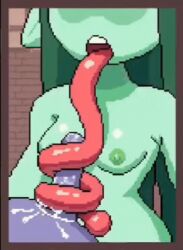 1boy 1girls animated breasts breasts_out cum cum_drip cum_on_body cum_on_tongue erection face_out_of_frame flaccid frog frog_girl frog_princess_(princess_and_conquest) fully_nude game_cg green_hair green_nipples green_skin nipples nude open_mouth penis pixel_animation pixel_art pointy_ears princess_and_conquest saliva saliva_on_penis straight tongue tongue_around_penis tongue_out tongue_out_blowjob tongue_swirl tonguejob vertical_video