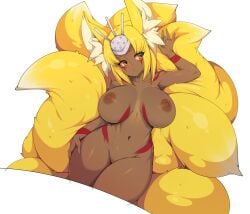 absurd_res animal_humanoid bandai_namco big_breasts blonde_hair breasts canid canid_humanoid canine canine_humanoid crown dakinimon dark_body dark_skin digimon digimon_(species) fan_character female fox_humanoid hair headgear hi_res humanoid inner_ear_fluff mammal mammal_humanoid markings multi_tail red_eyes slugbox solo tail tan_body tuft