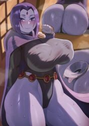 1girls ass big_breasts blush breasts dc dc_comics female female_only freddyhalloween grey-skinned_female grey_skin leotard looking_back purple_eyes purple_hair rachel_roth raven_(dc) short_hair solo teen_titans thick_thighs thighs thong_leotard wahuku18 wide_hips