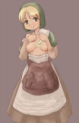 blonde_hair breasts chemist_(fft) dress female final_fantasy final_fantasy_tactics final_fantasy_tactics_(original) green_eyes nipples short_hair solo vial yuno_(artist)