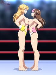 2girls barefoot bikini blonde_hair boxing boxing_gloves boxing_ring breasts breasts_pressed_against_partner breasts_pressed_together butcherstudios catfight duo face-to-face female female_only fight fighting fighting_ring from_side gloves large_breasts looking_at_another mostly_nude neo_(rwby) pink_boxing_gloves pink_gloves pink_hair rwby sideboob staredown topless topless_boxing topless_female voluptuous yang_xiao_long yellow_boxing_gloves yellow_gloves