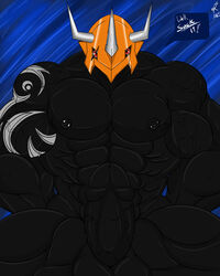 1boy 2013 abs anthro balls biceps black_penis digimon emperorgreymon erection furry horn male male_only mask muscles najair no_humans nude pecs penis pose saixyuniz-xynz scalie solo sucking tattoo