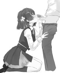 1boy absurdres censored dera_self female flower gakuen_idolmaster greyscale hair_flower hair_ornament hataya_misuzu highres idolmaster loafers long_sleeves monochrome mosaic_censoring open_mouth pants penis school_uniform shoes simple_background sitting socks standing straight white_background