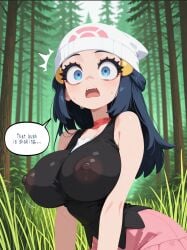 ai_generated ass beanie black_shirt blue_eyes blue_hair blush breasts bushes curvy dawn_(pokemon) detailed_background erect_nipples female forest forest_background frills hair hair_ornament huge_ass huge_breasts human interspecies long_hair navy_blue_hair nervous nipples open_mouth outdoors pink_skirt pokemon pokemon_(species) pokemon_dppt puffy_nipples scared scared_expression skin_tight sweat sweating tall_grass thick_thighs trees white_hat wide_eyed