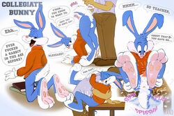 3_toes anal anal_sex anus ass ass_up back balls blue_fur book bottomless bulge buster_bunny clothed_sex clothing cum cum_in_ass cum_inside cum_on_feet cum_pool digitigrade english_text erection furry gay hindpaw human kneeling lagomorph looking_at_viewer male messy pawpads paws penetration penis plain_background presenting presenting_hindquarters rabbit rand_(furry_artist) sex soles standing text tiny_toon_adventures toes warner_brothers white_background yaoi