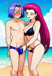 1boy 1girls 2d 2d_(artwork) ai_generated aroused aroused_face aroused_smile beach bikini blue_eyes blue_hair blush breasts bulge caressing caressing_penis embarrassed embarrassed_nude_male erection female femdom fingering fingering_self flustered flustered_male foreskin gentle_femdom green_eyes james_(pokemon) jessie_(pokemon) large_breasts male outside penis pink_hair pokemon pokemon_anime pubic_hair speedo swimsuit team_rocket teasing twink uncircumcised