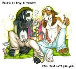 alcohol ambiguous_species anthro basset_hound beverage bovid canid canine canis caprine chewtoything domestic_dog drugs duo goat hi_res hookah hunting_dog hybrid male male/male mammal pilosan psychedelic scent_hound sloth stoned substance_intoxication tucker_(chewtoything) xenarthran