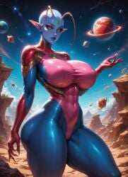 3_eyes ai_generated alien_girl antennae athletic_female bald_female black_sclera blue_lipstick blue_skinned_female breasts curvy_figure curvy_hips exploring extraterrestrial female female_only galaxy green_eyes huge_breasts la'zooli_la'pys looking_at_viewer moonchild41 nipple_bulge original_character pink_eyeshadow planet planets plump_ass pointy_ears promptchan.ai space taller_female thick_thighs unitard