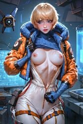 1girls ai_assisted ai_generated apex_legends blonde_hair blue_eyes blue_shirt blush bodysuit breasts_out cameltoe embarassed facial_scar gloves hi_res lifting_shirt looking_to_the_side nipples open_jacket orange_jacket scar science_fiction self_upload shirt_lift short_hair stable_diffusion tacocatbox undressing unzipped_bodysuit unzipping_bodysuit wattson_(apex_legends) white_bodysuit