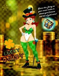 blue_eyes brown_hair cane hat hi_res high_heels highres idendrawx leotard mario_(series) princess_daisy saint_patricks_day