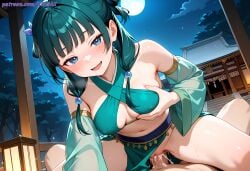 1boy 1girls ai ai_generated anime anime_style blush blushing_at_viewer breasts chiriai cowgirl_position cum_in_pussy deep_penetration drool drooling female grabbing_own_breast green_hair happy_sex harem_outfit high_resolution highres kusuriya_no_hitorigoto large_penis looking_at_viewer male maomao_(kusuriya_no_hitorigoto) night patreon patreon_username penis pov pussy saliva straddling temple the_apothecary_diaries thighs vaginal_penetration
