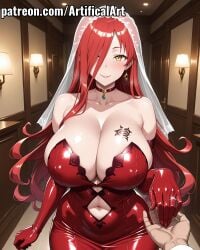 1girls action_taimanin ai_generated artifical_art astaroth_(taimanin_asagi) breast_tattoo bride busty choker demon_girl earrings elbow_gloves gloves heart_tattoo large_breasts light-skinned_female light_skin long_gloves long_hair perfect_body red_dress red_gloves red_hair taimanin_(series) taimanin_asagi taimanin_rpgx tattoo very_long_hair voluptuous voluptuous_female yellow_eyes