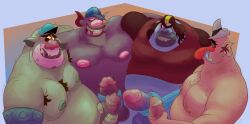 absurd_res arm_around_partner arm_around_shoulders armpit_hair aroused balls big_nose black_eyes blue_body blue_clothing blue_hat blue_headwear blue_sclera blue_skin body_hair brown_body brown_clothing brown_hat brown_headwear brown_skin cartoon_network chest_hair circlejerk clenched_teeth clothing ear_hair erect_nipples erection foursome genitals green_body green_skin group group_masturbation group_sex hair hairy_body hand_behind_back hand_on_penis hat haxsmack headgear headwear hi_res humanoid long_nose looking_pleasured machine male male/male masturbation moobs mostly_nude mostly_nude_male navel nipples nude nude_male ogre orgy overweight overweight_male penis pointy_ears red_clothing red_hat red_headwear red_shirt red_topwear robot robot_humanoid robotic_arm robotic_ogres_(samurai_jack) samurai_jack sex shirt simple_background standing teeth topwear tusks vein veiny_penis white_sclera yellow_sclera