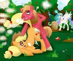 2013 alicorn apple applejack_(mlp) being_watched bent_over big_macintosh_(mlp) blonde_hair clouds color cowboy_hat cum cum_inside cutie_mark day drugs english_text equine female feral forced freckles friendship_is_magic fruit fur green_eyes group hair half-closed_eyes hat heart horn horse incest male modernstormtrooper multicolored_hair my_little_pony outdoors penetration pony princess_celestia_(mlp) purple_eyes rape sex straight text tongue tree wings