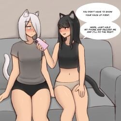 1futa 1girls black_hair dbagdraws female fluffyearedfox futanari imminent_sex incest intersex mia_(dbagdraws) molly_(dbagdraws) neko sister sitting sitting_on_couch white_hair