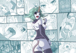 ass blush breasts chalyss chalyss_(karbo) comic demon_girl felarya female female_only green_hair hair horn karbo large_breasts looking_back monster_girl nipples open_mouth original pussy sideboob vore wink