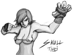 bikini breasts cleavage clothes fighting_pose greyscale hair_over_one_eye hand_guards kazama_asuka monochrome namco rough_sketch short_hair skulltitti smile smirk swimsuit tekken tekken_tag_tournament_2 tight_clothes