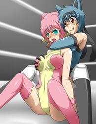 animal_ears aqua_eyes audino blue_hair breast_grab breast_squeeze breasts brown_eyes defeated elbow_gloves empty_eyes female glasses gloves groping hairband large_breasts losing_consciousness lucario male mound_of_venus open_mouth personification pink_hair pokemon pokemon_(species) red_eyes sitting sleeper_hold spread_legs submission sweat tear thighhighs tongue unconscious uujiteki-33