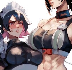 2girls abs breast_envy breast_size_difference cleavage ellen_joe female female_only grace_howard height_difference huge_breasts human insomn_bion large_breasts muscular muscular_female zenless_zone_zero