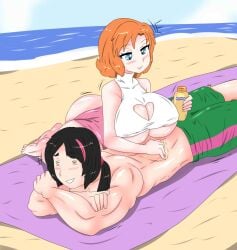1boy 1girls beach bikini black_hair blue_eyes canon_couple female fjtiko heart_cleavage_cutout lie_ren male nora_valkyrie ocean orange_hair orange_hair_female rwby suncream swimming_trunks zronku