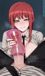 ai_generated artificial_vagina blush boobs_out breasts breasts_out chainsaw_man collared_shirt female fleshlight makima_(chainsaw_man) necktie red_hair self_upload smiling_at_viewer tesa unbuttoned