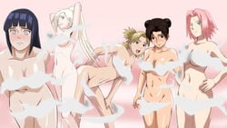 5girls bent_over blonde_hair breasts brown_eyes brown_hair female female_only human hyuuga_hinata ino_yamanaka mr123goku123 multiple_girls naruto naruto_shippuden nude pink_hair posing sakura_haruno sexy_no_jutsu simple_background temari tenten tied_hair twintails wink