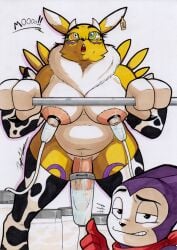 absurd_res animal_print anthro balls bandai_namco big_breasts big_penis bodily_fluids breast_milking breasts clothing cow_print digimon digimon_(species) duo genitals gloves gynomorph handwear hi_res huge_breasts hypnosis impmon intersex lactating legwear machine male milk milking_machine mind_control nipples open_mouth penile penis penis_milking renamon rotten_owl simple_background thick_thighs thigh_highs traditional_media_(artwork) white_background