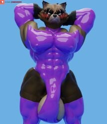 3d_(artwork) abs anthro armwear balls big_balls biped black_nose blue_background blush brown_body brown_fur camseven canid canine cheek_tuft closed_frown clothing digital_media_(artwork) empty_eyes epic_games eye_scar facial_scar facial_tuft fortnite frown fur fur_tuft genitals hajime_(fortnite) hands_behind_head hi_res legwear leotard male mammal mouth_closed muscular muscular_anthro muscular_male nipple_outline patreon patreon_logo pecs purple_armwear purple_clothing purple_legwear purple_leotard purple_thigh_highs raccoon_dog scar simple_background solo tanuki thigh_highs tuft